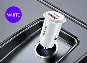 USAMS CC086 Autonabíječka 30W QC4 bílá / 1x USB / 1x Type-C 