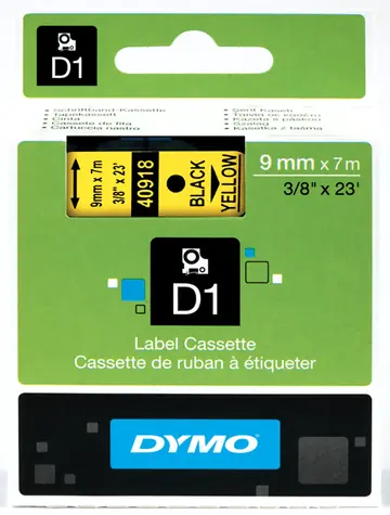 Dymo originální páska do tiskárny štítků, Dymo, 40918, S0720730, černý tisk/žlutý podklad, 7m, 9mm, D1