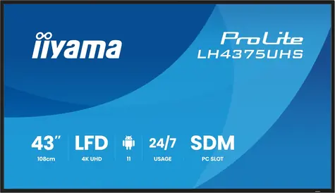 42.5" IIYAMA ProLite LH4375UHS-B2AG černá / LED / IPS / 3840 x 2160 / 16:9 / 8 ms / 1200:1 / 500cd-m2 / VESA