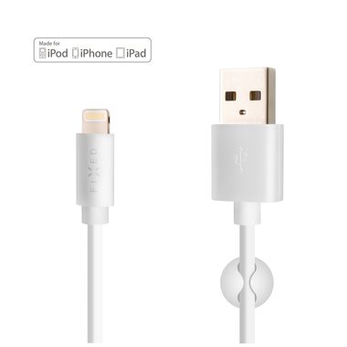 FIXED Datový a nabíjecí kabel s konektorem Lightning bílá / 2.4A / držák a stahovací pásek v balení / doprodej