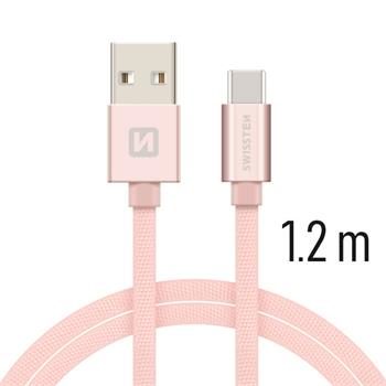 SWISSTEN TEXTILE datový kabel USB - USB-C 1.2m růžová