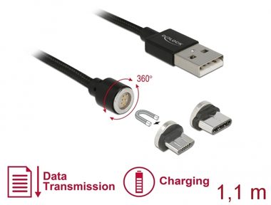 Delock Magnetický USB datový a napájecí kabelový set pro Micro USB & USB Type-C 1.1 m černá