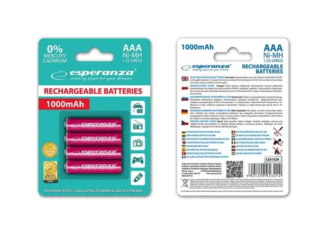 Esperanza Nabíjecí baterie AAA červená / 1.2V / 1000mAh / Ni-MH / 4 ks / v blisteru