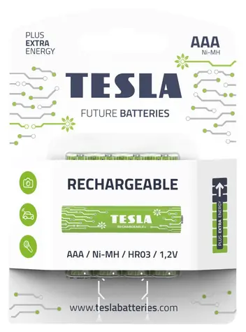 Tesla RECHARGEABLE+ nabíjecí mikrotužková baterie AAA Ni-MH 800mAh 4 ks / HR03 / blister