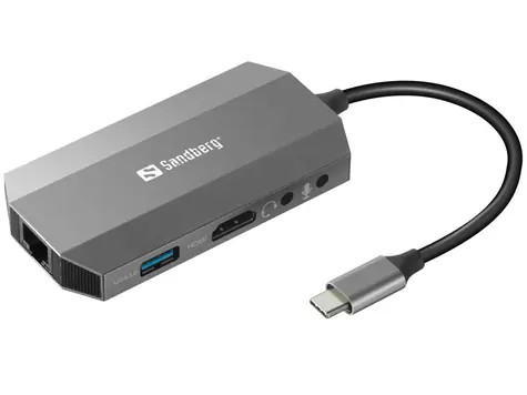 Sandberg USB-C 6-in1 dokovací stanice / HDMI / 2xUSB 3.0 / PD 100W / čtečka karet SD&microSD / LAN / audio&mikrofon jack