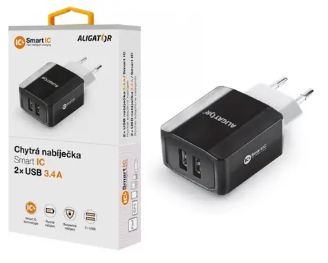 Aligator Chytrá síťová nabíječka 3.4A černá/ 2xUSB / smart IC / doprodej