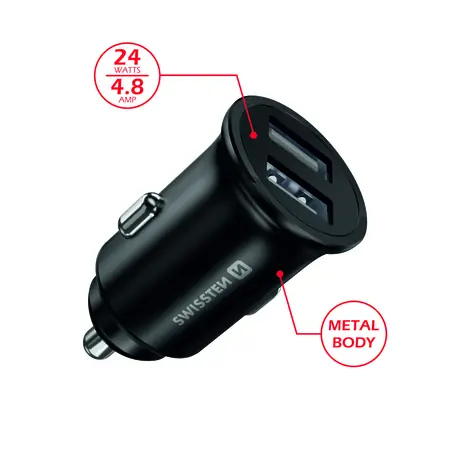 SWISSTEN METAL CL adaptér  2x USB 4.8A černá