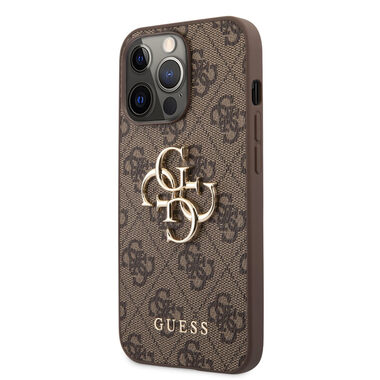 GUESS PU 4G Metal Logo Zadní Kryt pro Apple iPhone 13 Pro hnědá