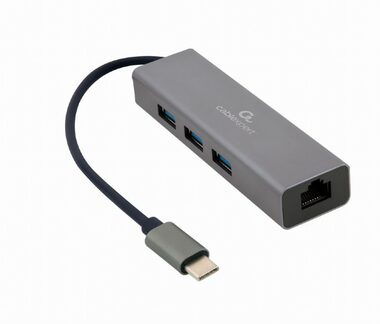 Gembird A-CMU3-LAN-01 šedá / gigabitový síťový adaptér / 1x LAN / 3x USB 3.0 HUB /  USB-C 