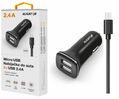 Aligator Nabíječka do auta s microUSB kabelem a 2xUSB výstupem 2.4A černá / Turbo charge