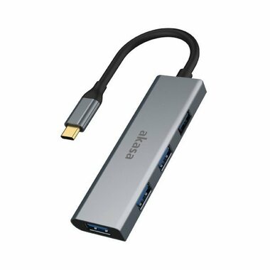 Akasa AK-CBCA25-18BK USB-C hub stříbrná / 4 portový USB rozbočovač / 4x USB-A 3.0