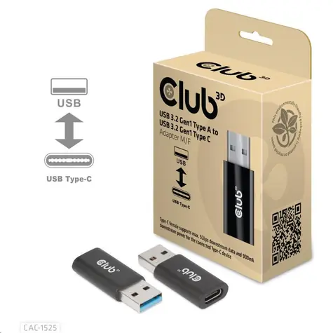 CLUB3D CAC-1525 adaptér USB-A 3.0 na USB-C M/F černá 