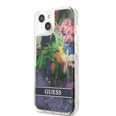 GUESS Liquid Glitter Flower Zadní Kryt pro Apple iPhone 13 mini modrá