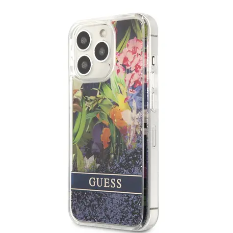 GUESS Liquid Glitter Flower Zadní Kryt pro Apple iPhone 13 Pro modrá