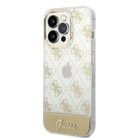GUESS PC/TPU Peony Glitter Script Logo Zadní kryt pro Apple iPhone 14 Pro zlatá