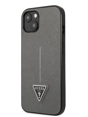 GUESS PU Saffiano Triangle Zadní Kryt pro Apple iPhone 13 mini stříbrná