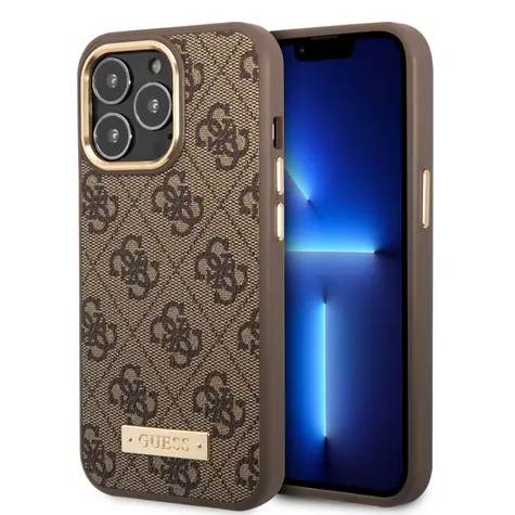 GUESS PU 4G MagSafe Kompatibilní Zadní Kryt pro Apple iPhone 14 Pro hnědá