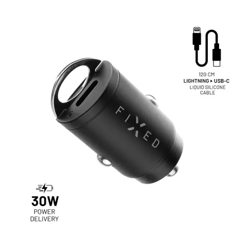 FIXED Set autonabíječky s 2xUSB-C výstupem a USB-C/Lightning kabelu černá / podpora PD / 1.2 metr / MFI / 30W 