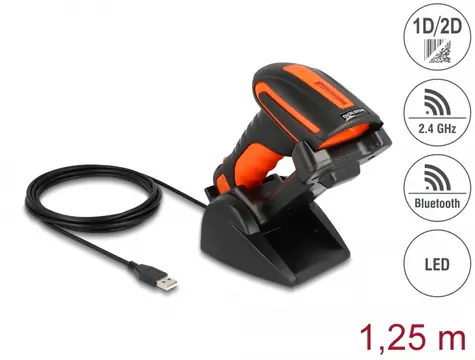 Delock Průmyslová čtečka 1D a 2D čárových kódů pro 2.4 GHz nebo Bluetooth s indukční nabíjení stanicí