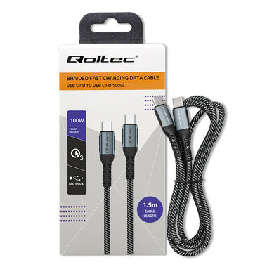 Qoltec 52358 Kabel USB-C 2.0 (M) - USB-C 2.0 (M) 1.5m černá / PD 100W / QC 3.0