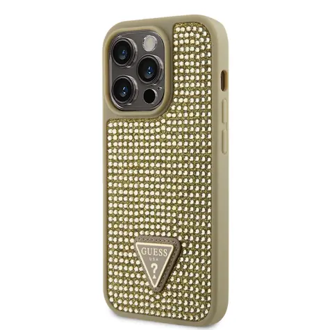 GUESS Rhinestones Triangle Metal Logo Kryt pro Apple iPhone 14 Pro zlatá / doprodej