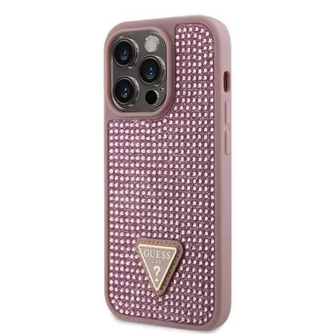 GUESS Rhinestones Triangle Metal Logo Kryt pro Apple iPhone 14 Pro růžová / doprodej