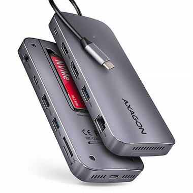 AXAGON HMC-12GM2, USB 10Gbps hub, 3x USB-A, USB-C, HDMI & DP 4K/60Hz, RJ-45, M.2, SD/mSD, audio, PD 100W, kabel 50cm
