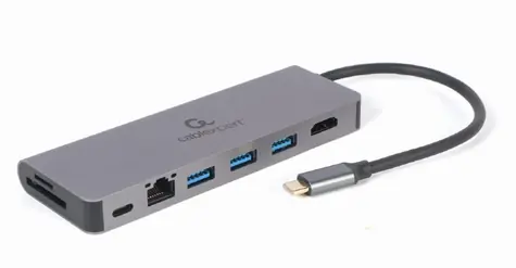 Gembird A-CM-COMBO5-05 šedá / USB-C rozbočovač / 3x USB 3.0 / 1x HDMI (4K) / 1x USB-C / microSD / SD / RJ45