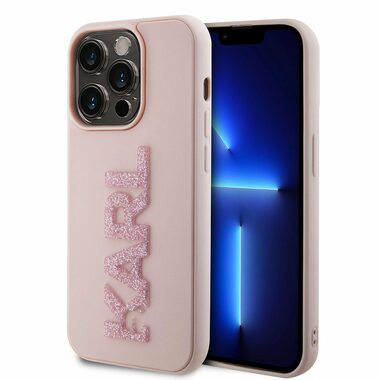 Karl Lagerfeld 3D Rubber Glitter Logo Karl Zadní Kryt pro Apple iPhone 15 Pro Max růžová