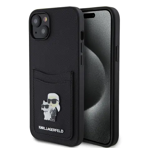 Karl Lagerfeld PU Saffiano Card Slot Metal Karl and Choupette Zadní Kryt pro Apple iPhone 15 černá