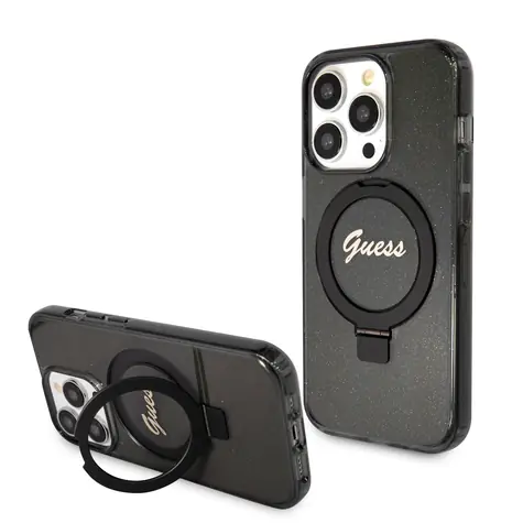 GUESS IML Ring Stand Glitter MagSafe Zadní Kryt pro Apple iPhone 15 Pro Max černá