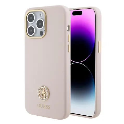 GUESS Liquid Silicone 4G Strass Metal Logo Zadní Kryt pro Apple iPhone 15 Pro Max růžová
