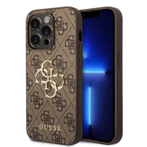 GUESS PU 4G Metal Logo Zadní Kryt pro Apple iPhone 15 Pro Max hnědá
