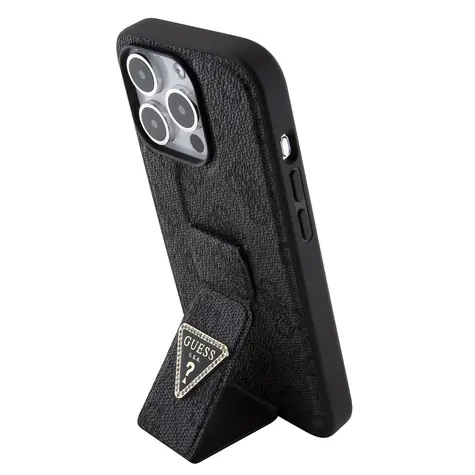GUESS PU Grip Stand 4G Strass Triangle Metal Logo Zadní Kryt pro Apple iPhone 15 Pro Max černá