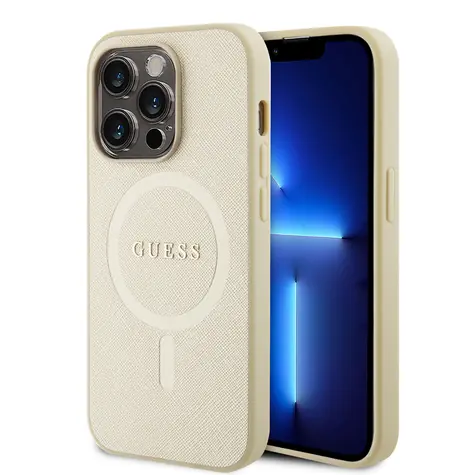 GUESS PU Saffiano MagSafe Zadní Kryt pro Apple iPhone 15 Pro Max béžová