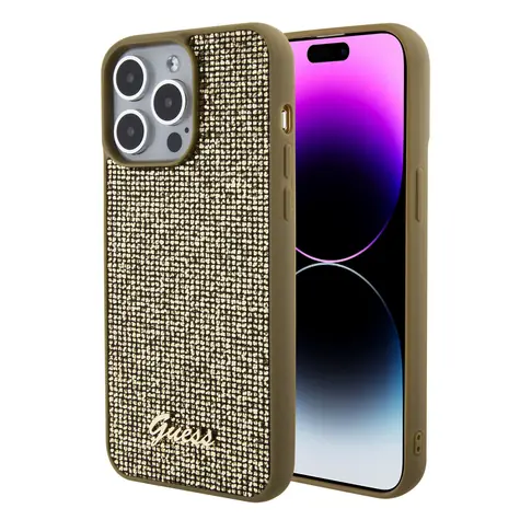 GUESS PU Square Mirror Script Logo Zadní Kryt pro Apple iPhone 15 Pro Max zlatá