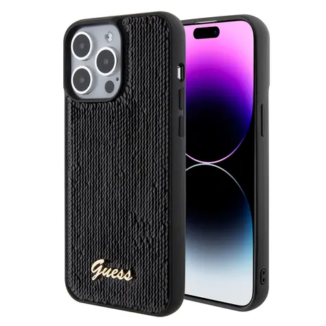 GUESS Sequin Script Logo Zadní Kryt pro Apple iPhone 15 Pro Max černá