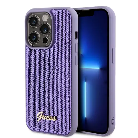 GUESS Sequin Script Logo Zadní Kryt pro Apple iPhone 15 Pro Max fialová