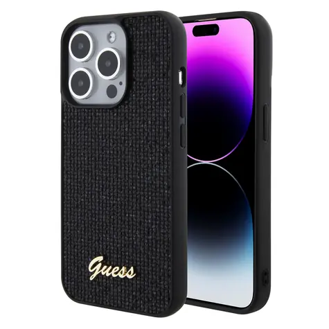 GUESS PU Square Mirror Script Logo Zadní Kryt pro Apple iPhone 15 Pro černá