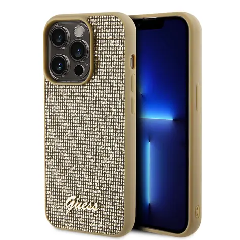 GUESS PU Square Mirror Script Logo Zadní Kryt pro Apple iPhone 15 Pro zlatá