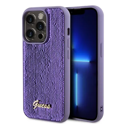 GUESS Sequin Script Logo Zadní Kryt pro Apple iPhone 15 Pro fialová