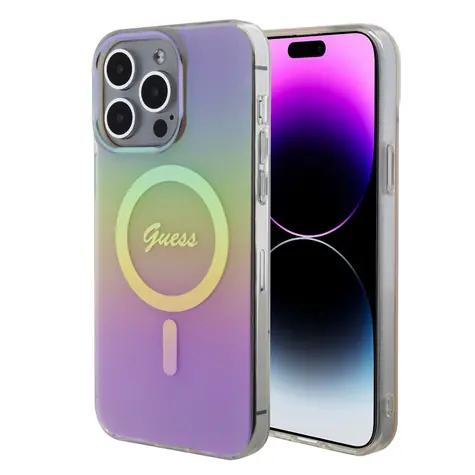 GUESS IML Iridescent Script MagSafe Zadní Kryt pro Apple iPhone 15 Pro růžová