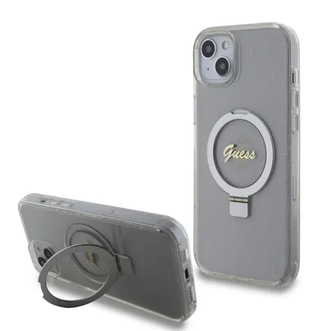 GUESS IML Ring Stand Glitter MagSafe Zadní Kryt pro Apple iPhone 15 Plus transparentní