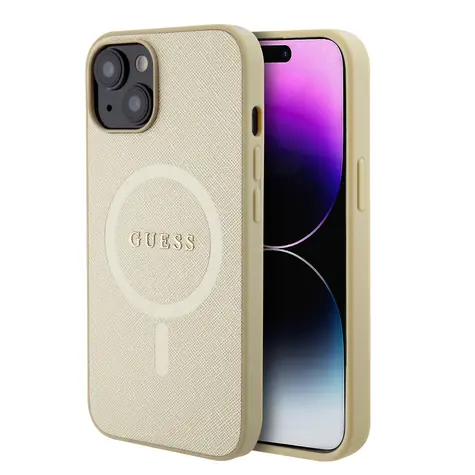 GUESS PU Saffiano MagSafe Zadní Kryt pro Apple iPhone 15 Plus béžová