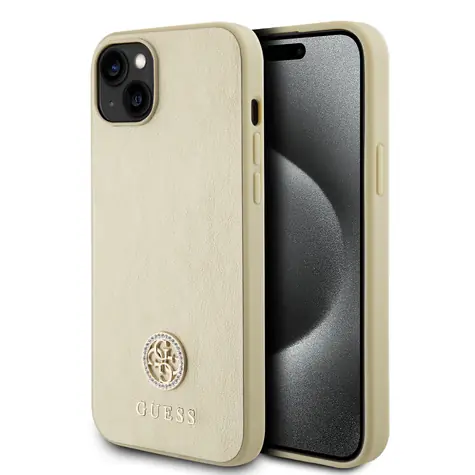 GUESS PU 4G Strass Metal Logo Zadní Kryt pro Apple iPhone 15 zlatá