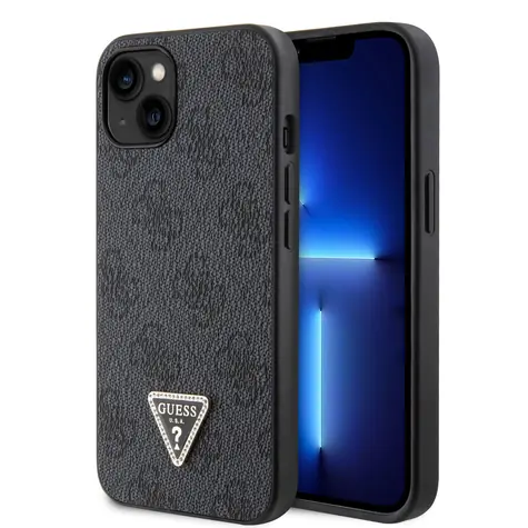 GUESS PU 4G Strass Triangle Metal Logo Zadní Kryt pro Apple iPhone 15 černá
