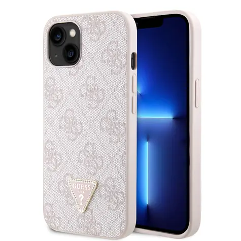 GUESS PU 4G Strass Triangle Metal Logo Zadní Kryt pro Apple iPhone 15 růžová