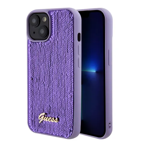 GUESS Sequin Script Logo Zadní Kryt pro Apple iPhone 15 fialová