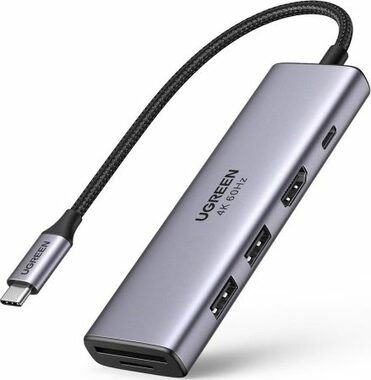 UGREEN 60384 Adapter 5v1 šedá / 1x USB-C 100W / 2x USB-A 3.2 / HDMI 4K / čtečka karet SD & TF