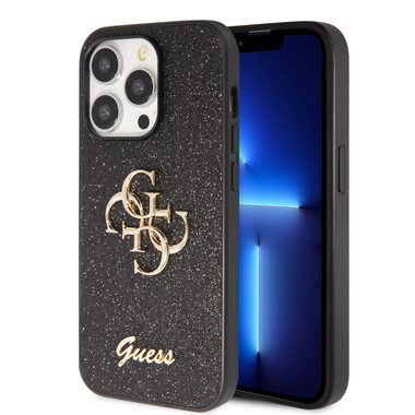 Guess PU Fixed Glitter 4G Metal Logo Zadní Kryt pro Apple iPhone 15 Pro Max černá